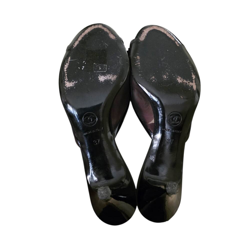 Chanel Vintage 2007 Camellia CC Logo Black Mesh Leather Mules IT 37 US 6.5 - Picture 11 of 12